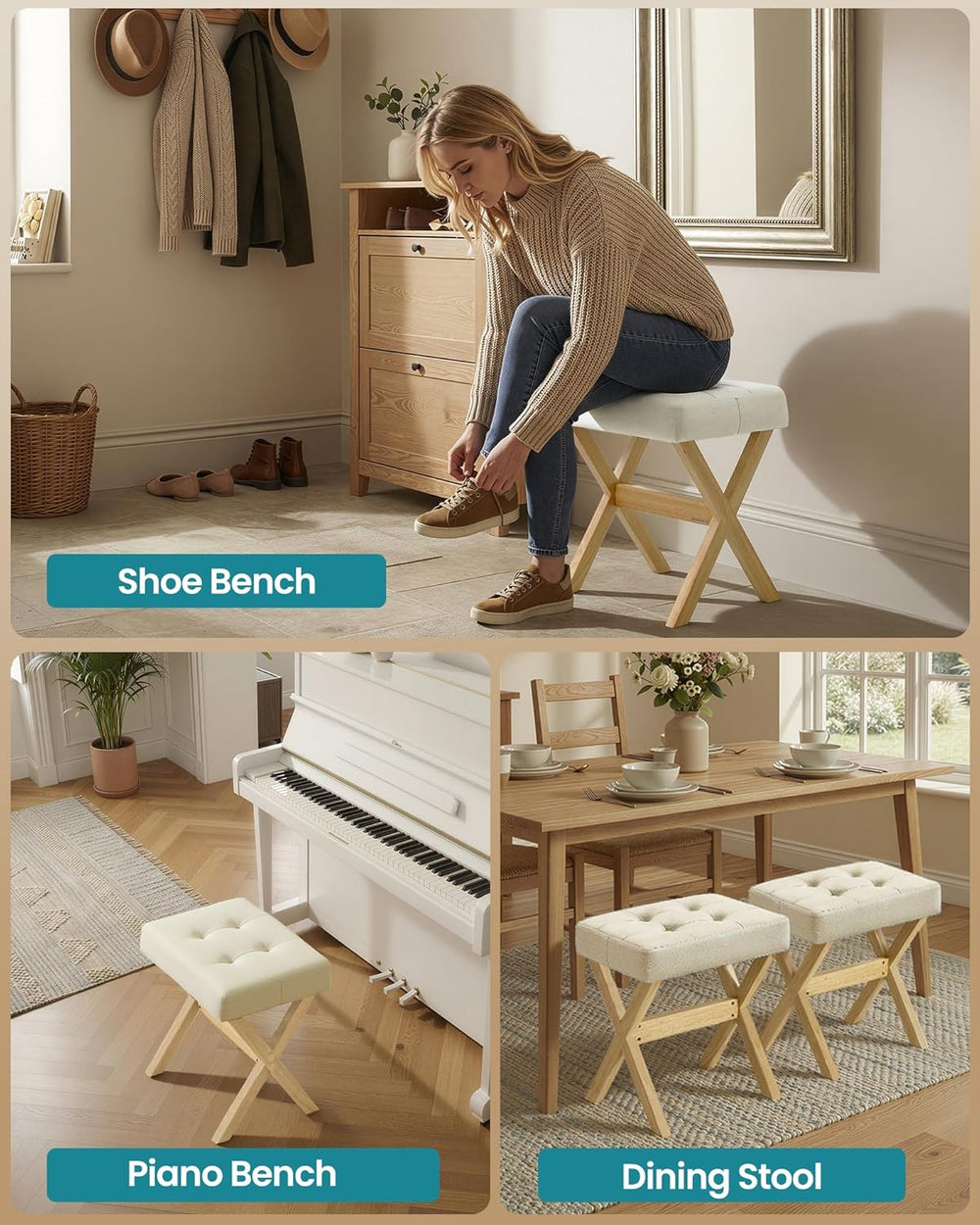 SONGMICS Makeup Stool, Padded Vanity Foot Rest, Solid Wood X Legs | 16.5 x 12...