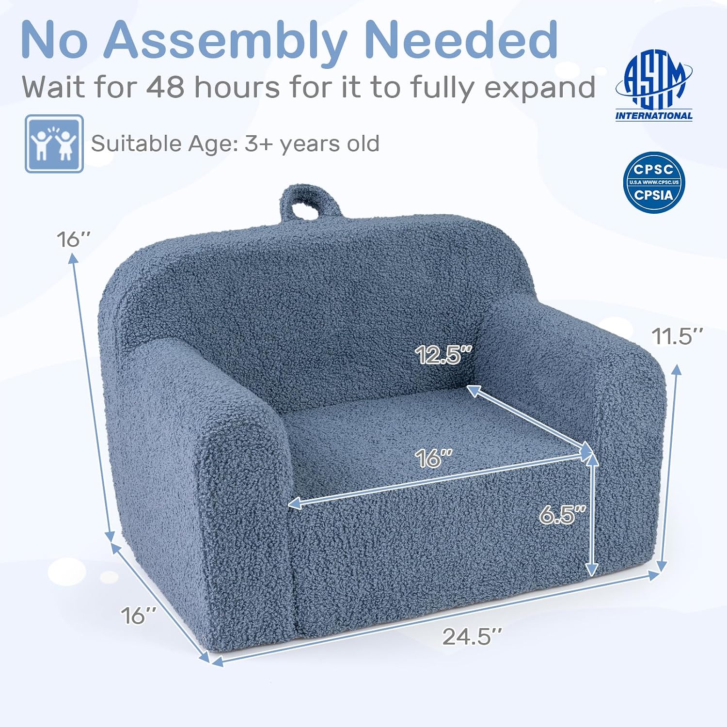 Costzon Kids Couch, Comfy Toddler Sofa Chair with Soft Fleece Fabric Cover, Kids Furniture for Playroom, Children Reading Armchair for Boys & Girls Aged 3+ Birthday (Medial,Blue)