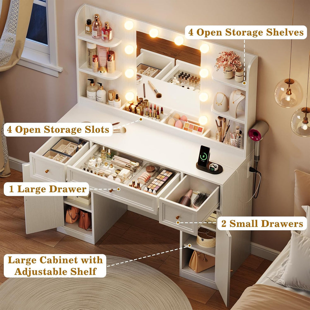Large Makeup Vanity Desk with Mirror and Lights & Charging Station, White...
