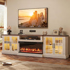 98" Farmhouse TV Stand with 36" Fireplace for Living Room,Media Entertainment Center with Adjustable Shelves and Large Storage Cabinets, White TV Stand for TVs up to 100", White