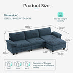 LINSY HOME 123'' Modular Sectional Sofa Blue Couch Corduroy Cloud Couches for Living Room, L Shaped Couch with Movable Ottoman, Modern Cloud Sectional Sofas for Bedroom and Apartment, Blue