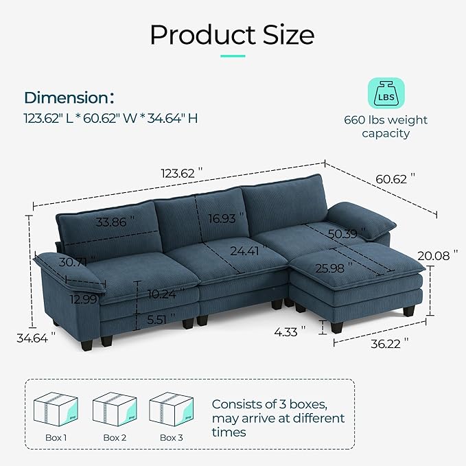 LINSY HOME 123'' Modular Sectional Sofa Blue Couch Corduroy Cloud Couches for Living Room, L Shaped Couch with Movable Ottoman, Modern Cloud Sectional Sofas for Bedroom and Apartment, Blue
