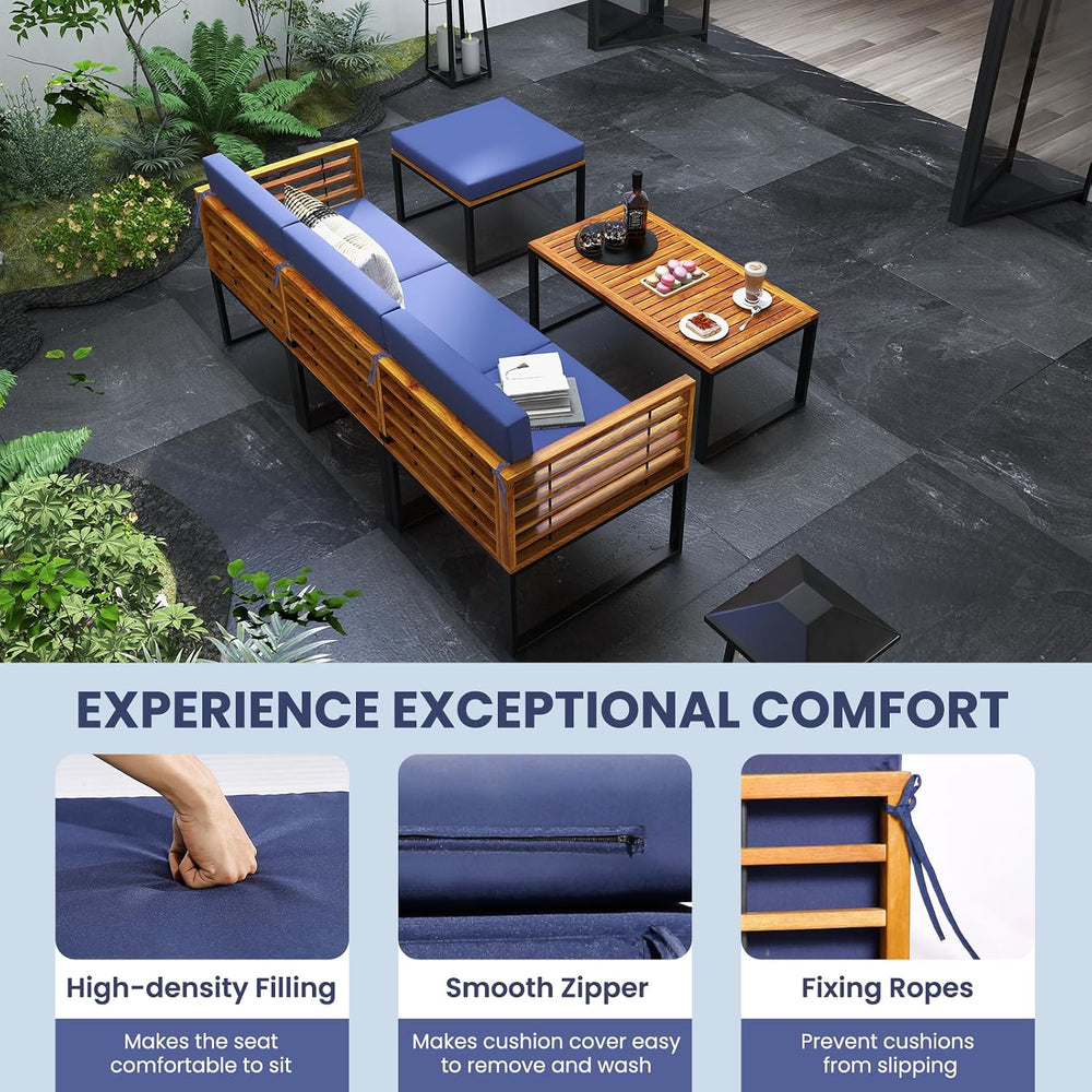 Tangkula 5 Pieces Patio Conversation Set, Acacia Wood Chair Set with Ottoman ...