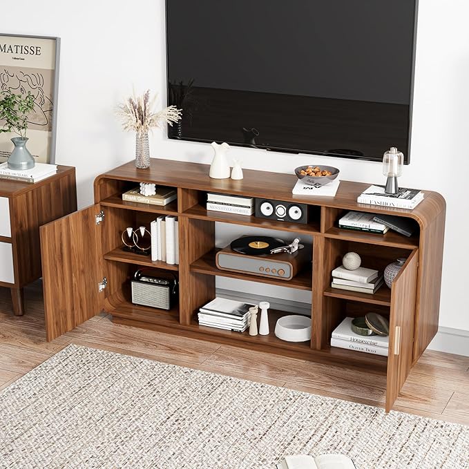 Mid Century Modern TV Stand for 65 Inch TVs, Entertainment Center with Storage Cabinets and Adjustable Shelves, Rustic Media TV Console Table for Living Room, Bedroom (Walnut)