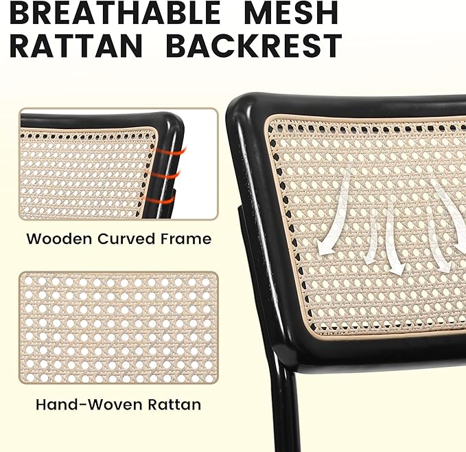 Dining Chairs Set of 2, Modern Rattan Kitchen Chairs, Mid Century Modern Design, Polished Chrome Frame, Upholstered Seat, Black