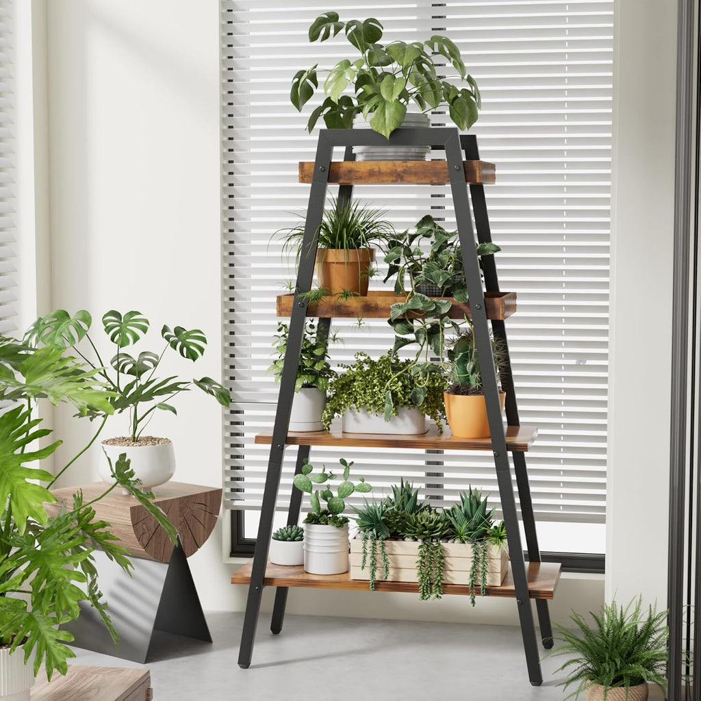 VECELO Ladder Shelf, 4-Tier Bookshelf with Enclosed Edges Design, Wooden Storage Rack Freestanding Bookcase for Living Room Home Office, Brown