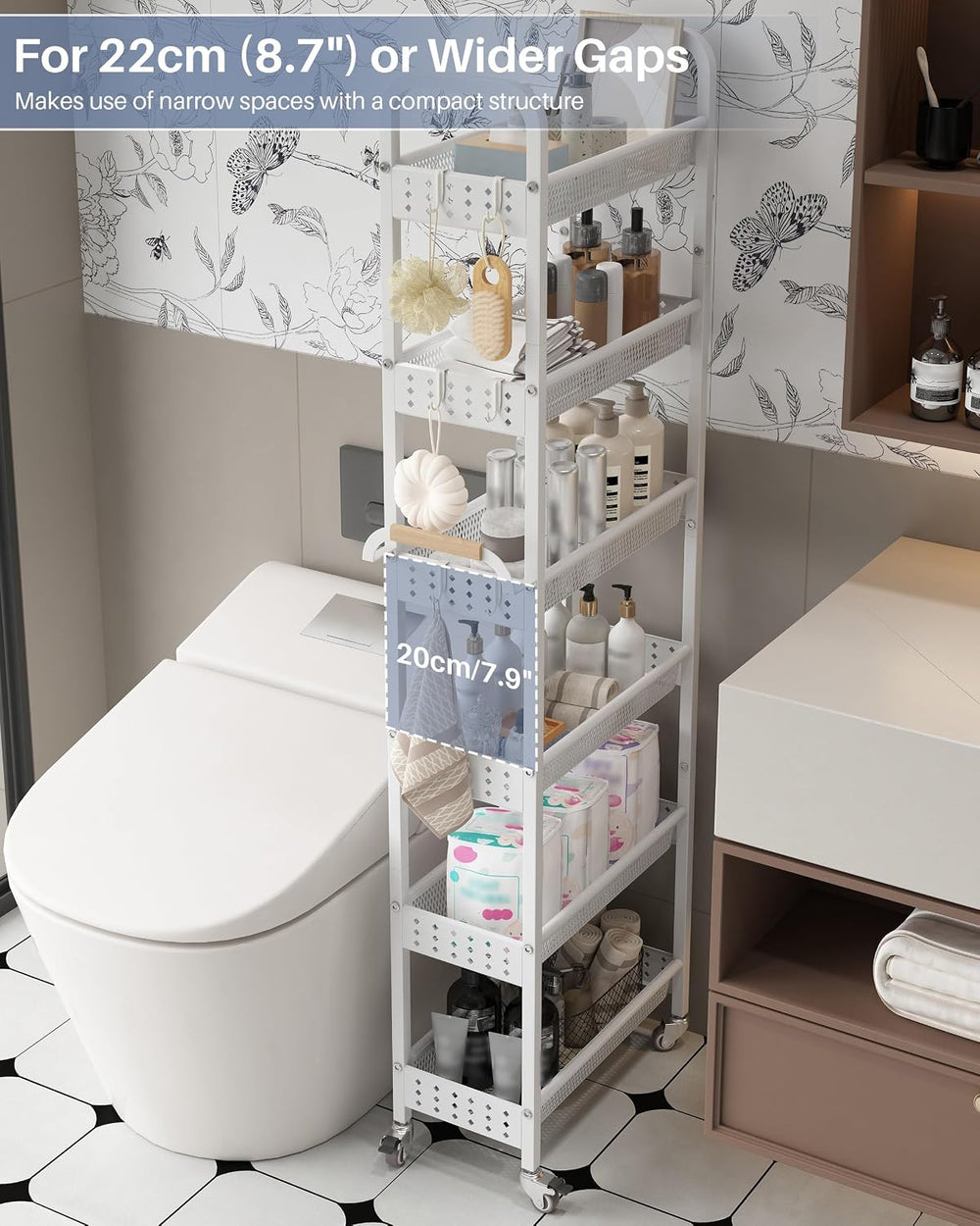 6 Tier Slim Storage Cart, Narrow Rolling Cart with Wheels (White) | Easy-grip...