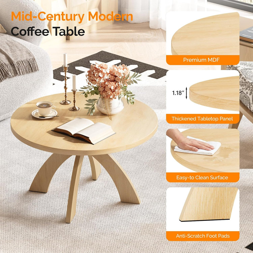 VINGLI 31.5" Round Coffee Table with Cross Legs, Wood Coffee Table, Oak ...