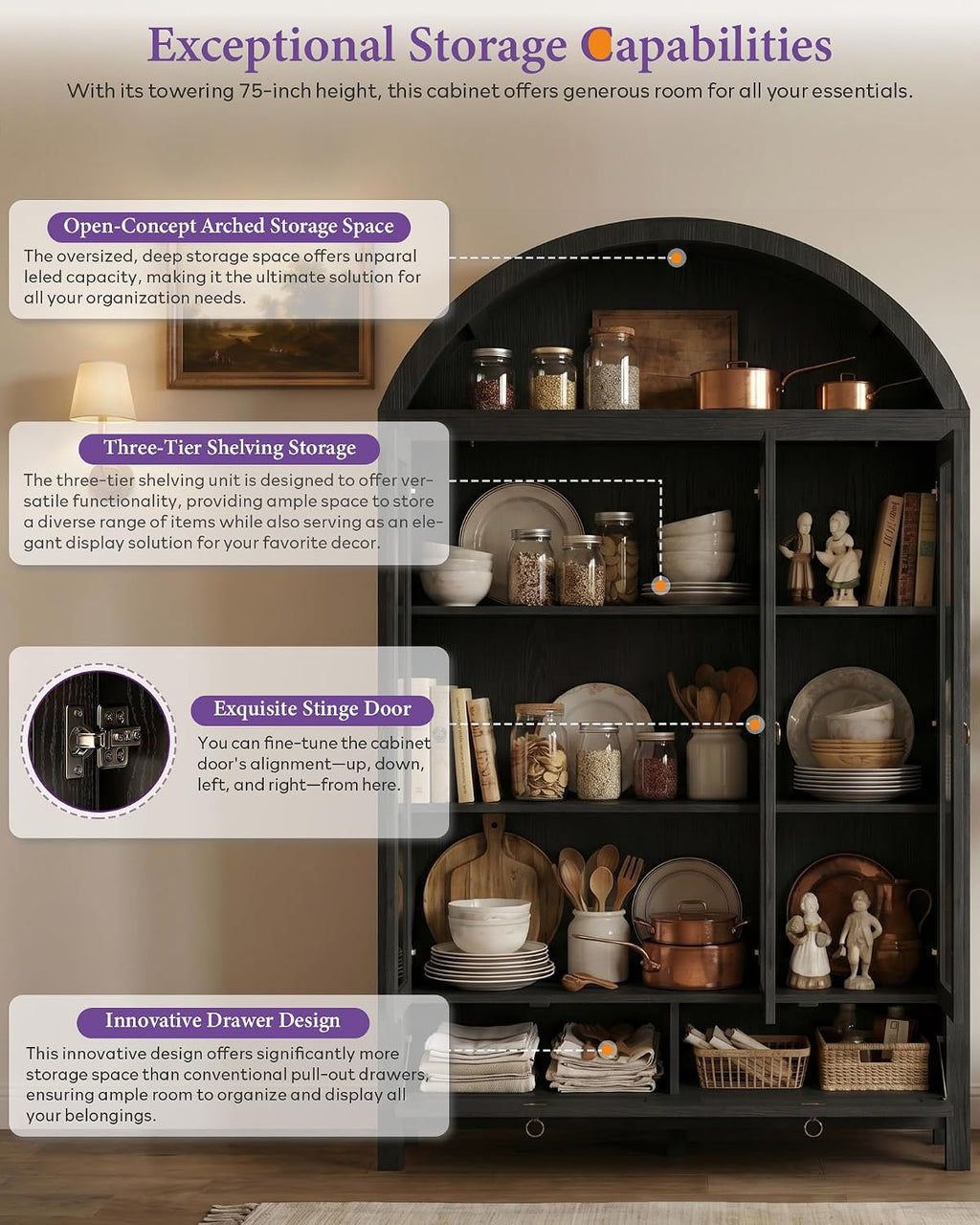 75'' Black Arched Cabinet, Arch Pantry Storage Cabinet with 3 Glass Doors | TYBOATLE, Pantry Cabinet, Farmhouse Style, Rattan Drawers, Anti-Tip Device, Kitchen, Bathroom, Dining Room, Cupboard Storage