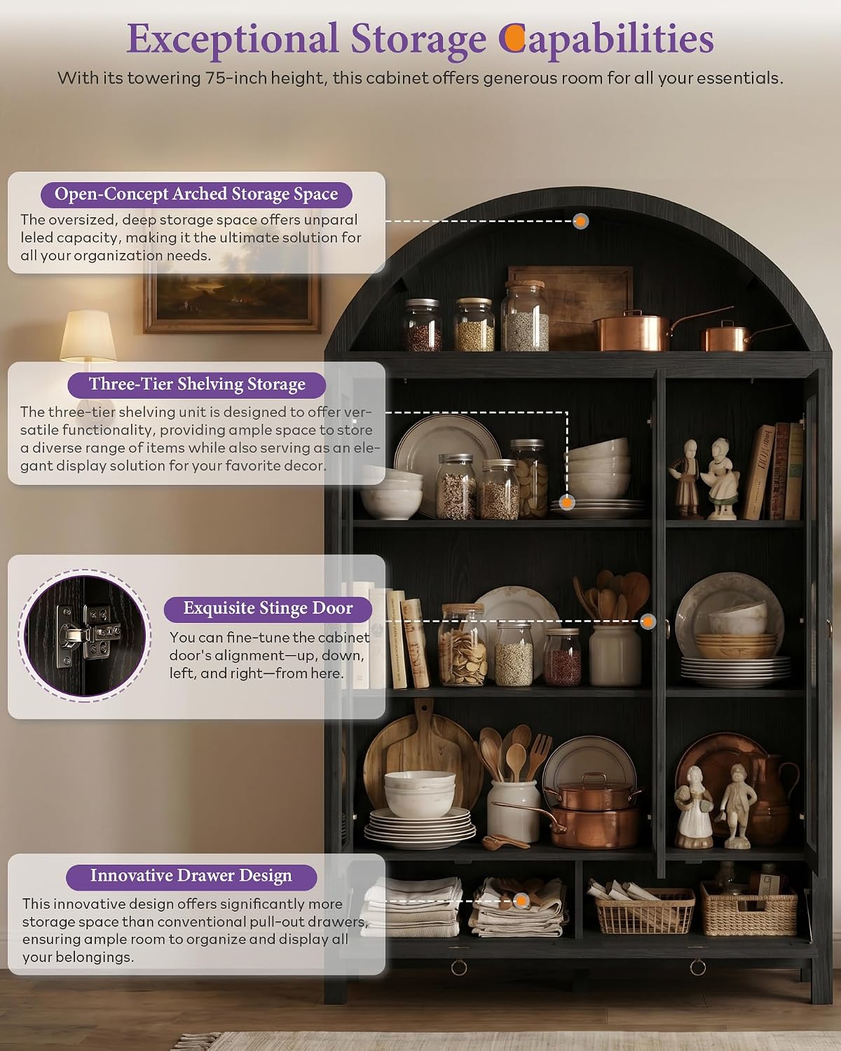 75'' Black Arched Cabinet, Arch Pantry Storage Cabinet with 3 Glass Doors | TYBOATLE, Pantry Cabinet, Farmhouse Style, Rattan Drawers, Anti-Tip Device, Kitchen, Bathroom, Dining Room, Cupboard Storage