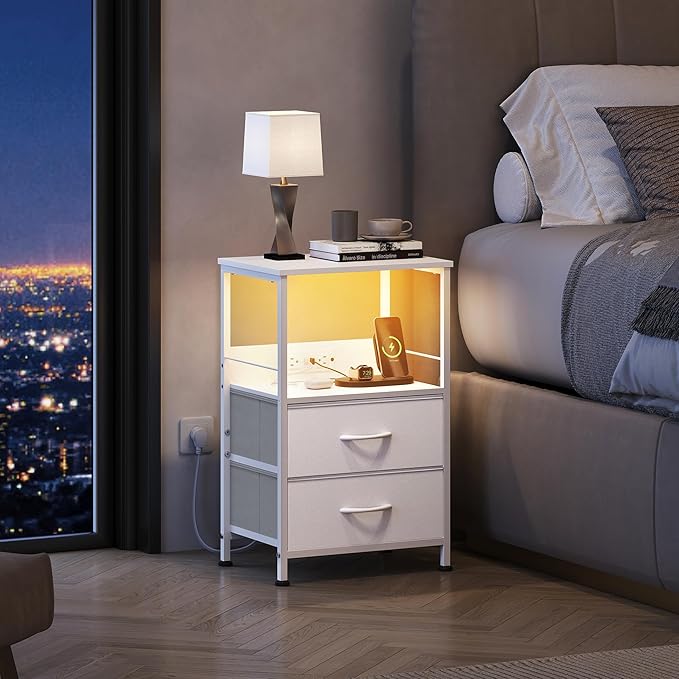 WLIVE White Night Stand Set of 2 with Charger Station, LED Nightstand with 2 ...