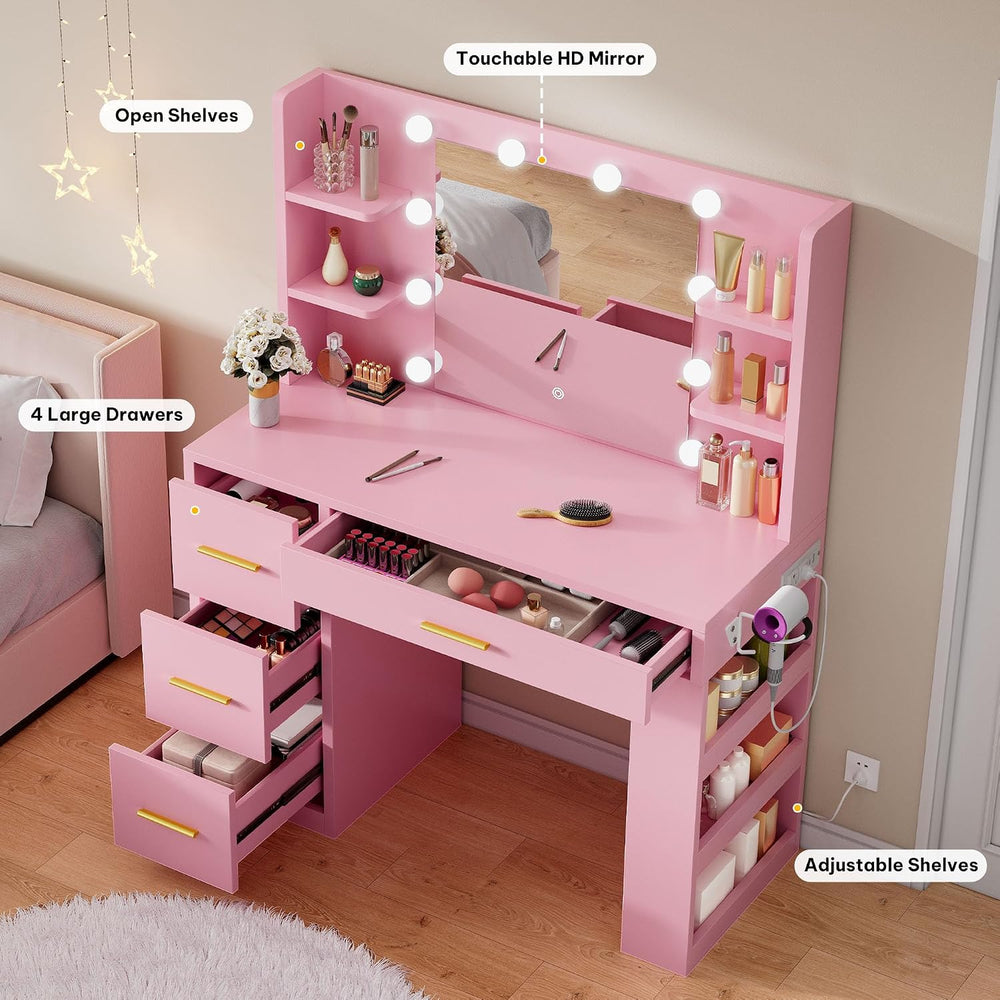 YITAHOME Vanity Desk with Mirror & Lights | 4 Drawers and 3 Lighting Modes