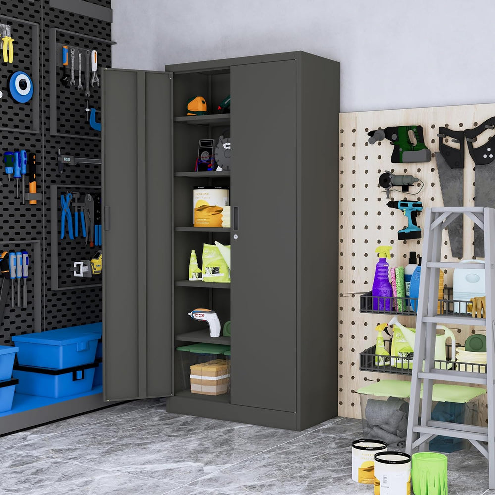 Wanfu Metal Storage Cabinet, 71”H Metal Garage Cabinet with 5 Adjustable Shel...