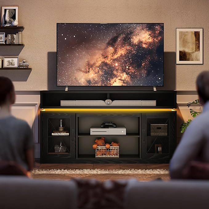 WLIVE Farmhouse TV Stand for TVs Up to 65 Inches, Tall Entertainment Center with Storage Cabinets & LED Lights, Media Console for Living Room, Bedroom, Home Theater, Black
