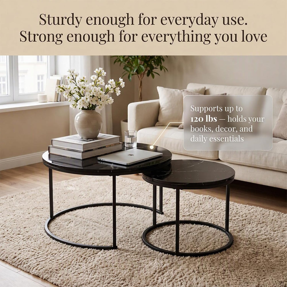 Nesting Coffee Table Set of 2 Round Side Tables, 27.6 Inch Marble Top Coffee ...
