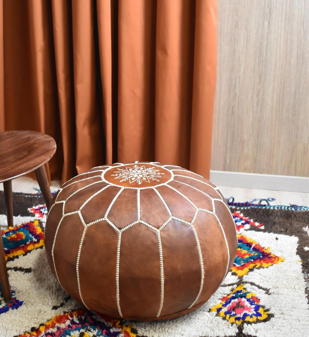 Poufs&Pillows Premium Moroccan Leather Pouf - Handmade - Delivered Stuffed - Ottoman, Footstool, Floor Cushion (Cognac Brown)