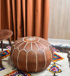 Poufs&Pillows Premium Moroccan Leather Pouf - Handmade - Delivered Stuffed - Ottoman, Footstool, Floor Cushion (Cognac Brown)