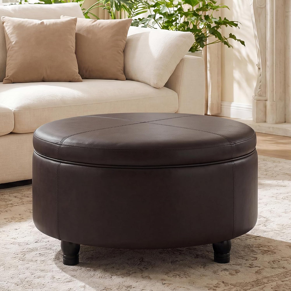 30-Inch Round Ottoman, Leather Ottoman with Storage (Brown)