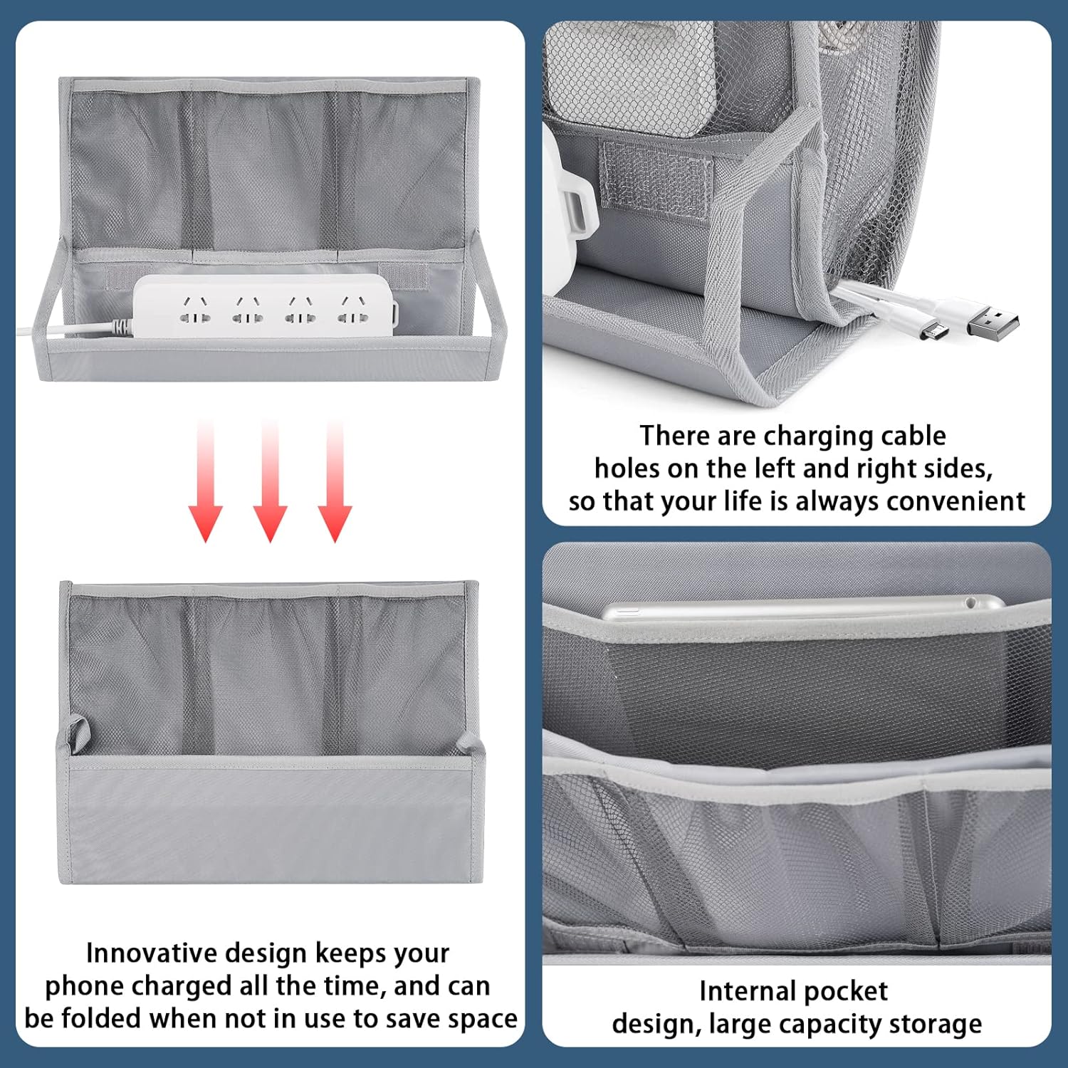 Bedside Caddy Bedside Storage Organizer Bedside Organizer with Power Strip Holder and 2 Adjustable Straps for Home Bunk Bed College Dorm Sofa (2 Pack Light Gray)