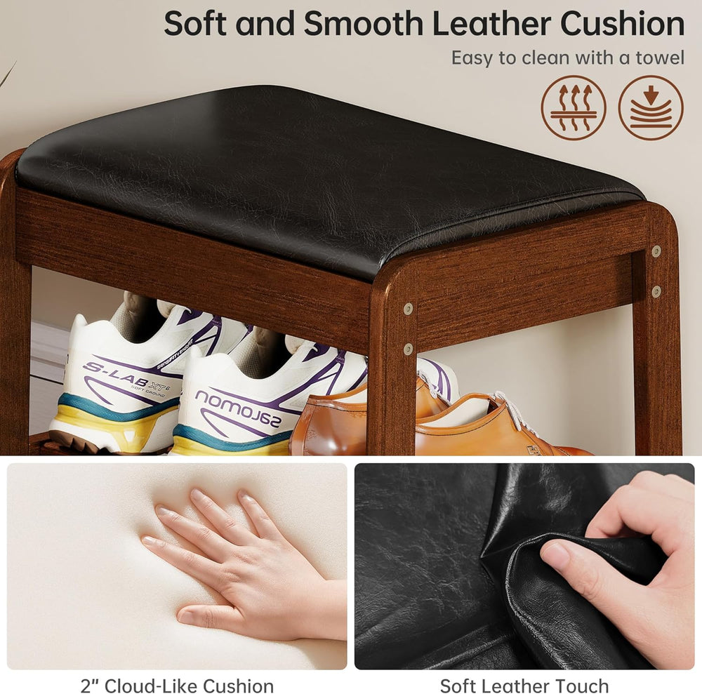 Shoe Rack Bench with Flip-Top Storage, Rubberwood 2-Tier Shoe Organizer with ...
