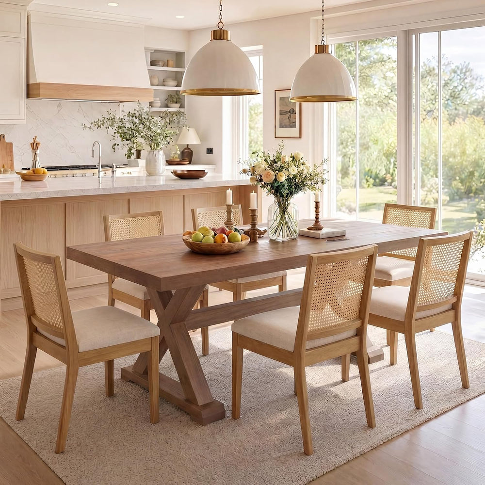 HNY Farmhouse Rattan Dining Chairs Set of 6, Natural Solid Hardwood Frame, Up...