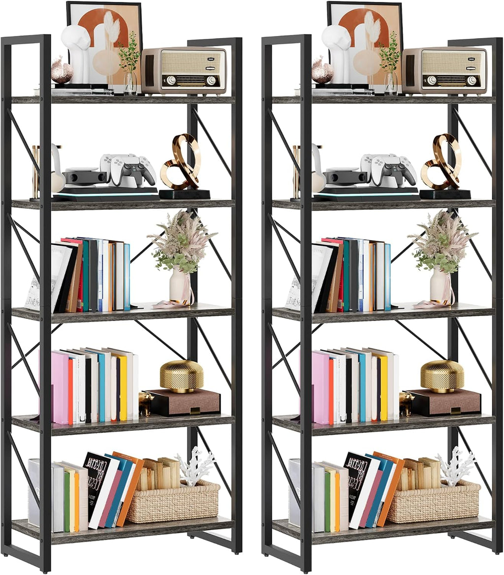 DWVO 5 Tier Bookshelf 2 Pack, Industrial Bookshelves Open Shelf Bookcase, Storage Shelves Organizer Display Rack for Bedroom, Living Room, Office,Kitchen, Charcoal Gray