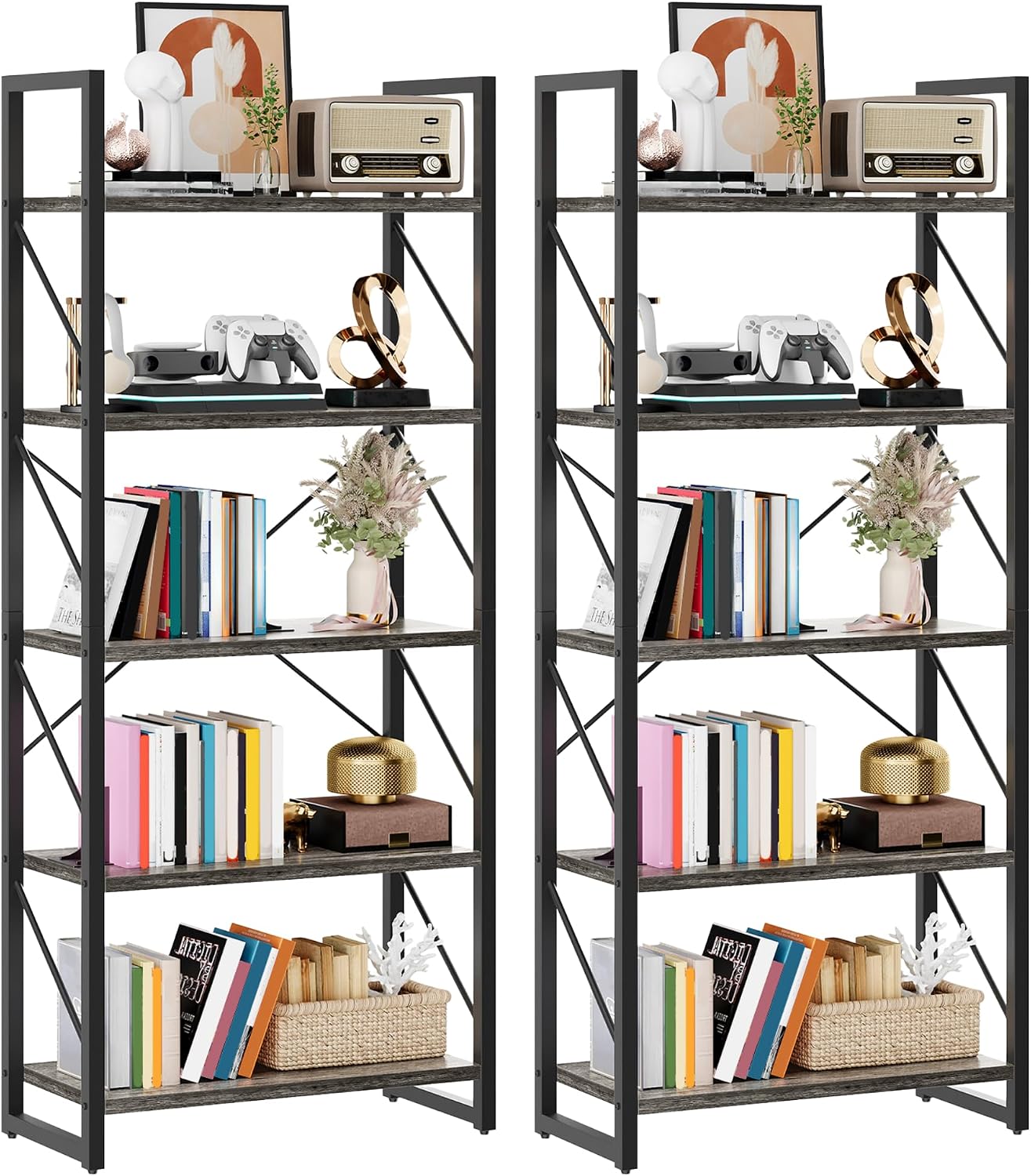 DWVO 5 Tier Bookshelf 2 Pack, Industrial Bookshelves Open Shelf Bookcase, Storage Shelves Organizer Display Rack for Bedroom, Living Room, Office,Kitchen, Charcoal Gray