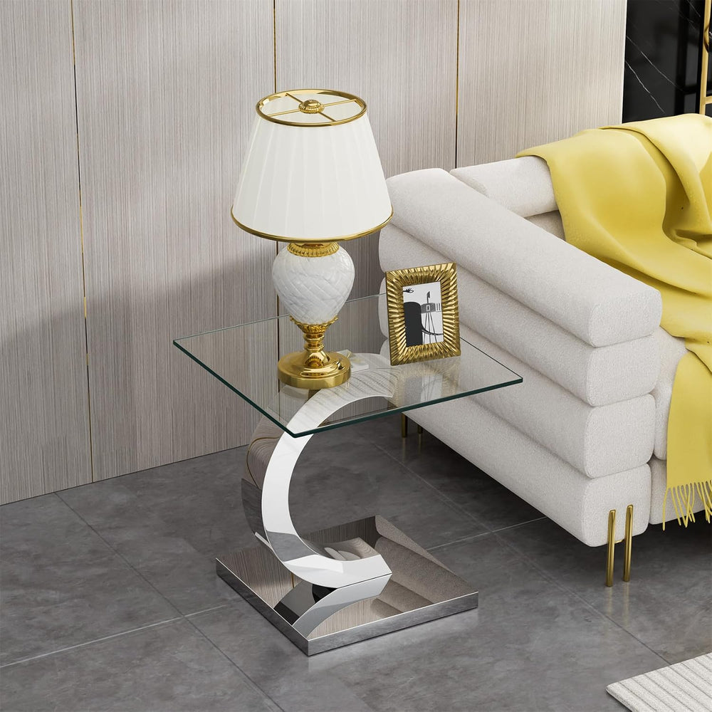 Modern Glass End Table Small Silver Side Table with Gorgeous Stainless Steel ...