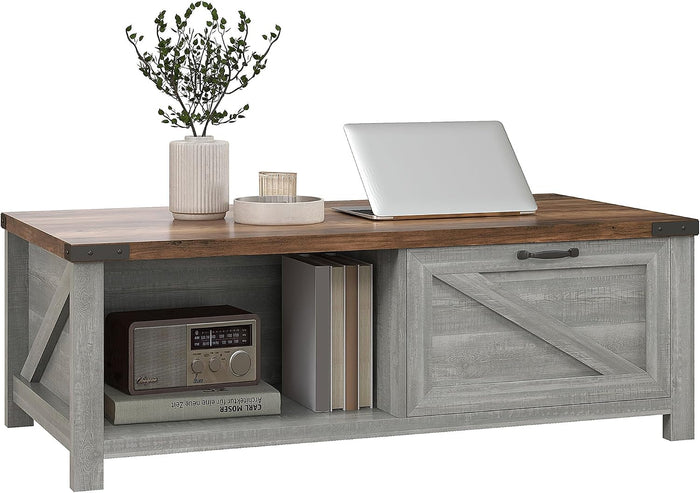 HOMCOM Farmhouse Coffee Table with Storage and Drawer, Distressed Gray
