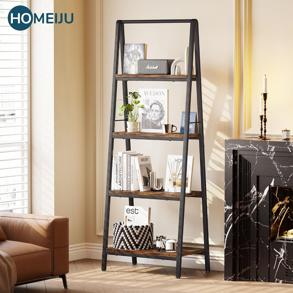 Homeiju Ladder Shelf, 4-Tier Leaning Ladder Bookshelf, Rustic and Wood Ladder Shelf Bookcase, Industrial Ladder Shelf Storage Rack for Home Office, Bedroom, Bathroom or Kitchen