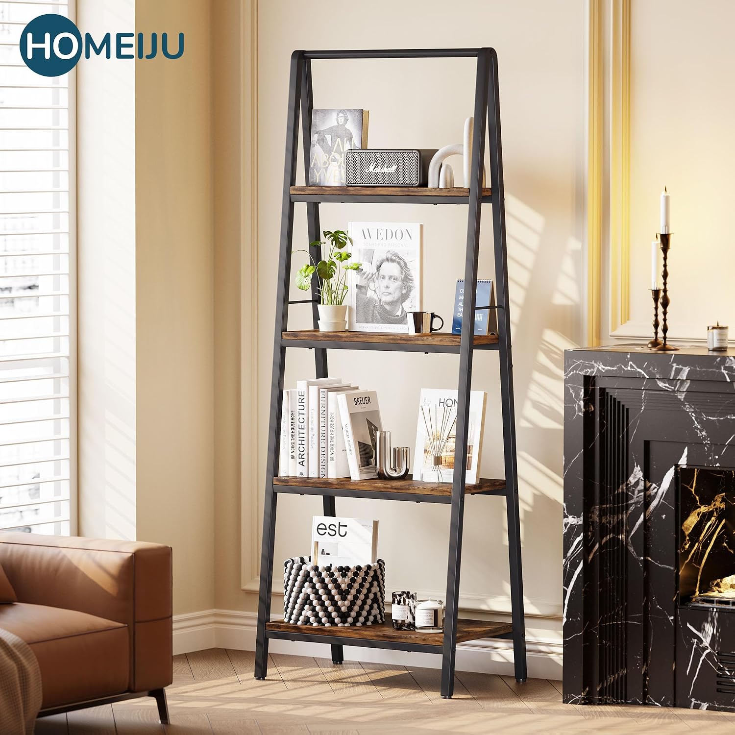 Homeiju Ladder Shelf, 4-Tier Leaning Ladder Bookshelf, Rustic and Wood Ladder Shelf Bookcase, Industrial Ladder Shelf Storage Rack for Home Office, Bedroom, Bathroom or Kitchen