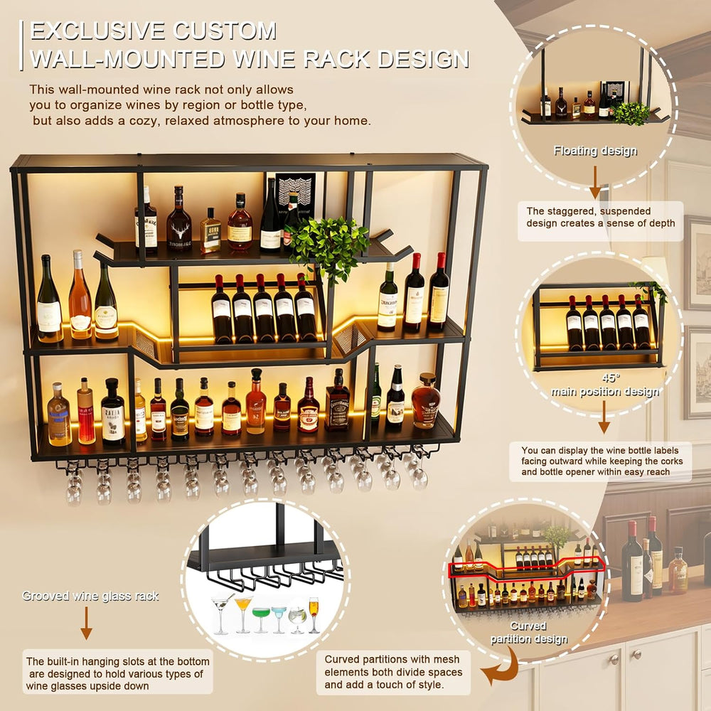 63-inch LED Wall Wine Rack, Modern Metal Display Rack for Bar | With 3 floati...