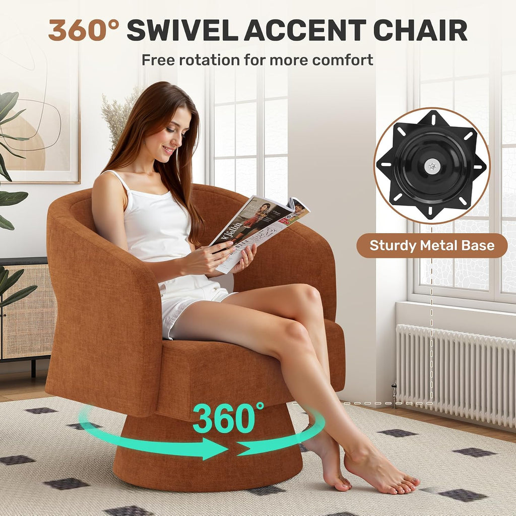 Nebuaegis Swivel Accent Chair Set of 2, Modern Comfy Chenille Barrel Chairs, Oversized Upholstered Round Arm Chair for Living Room, Bedroom, Reading Room, Caramel