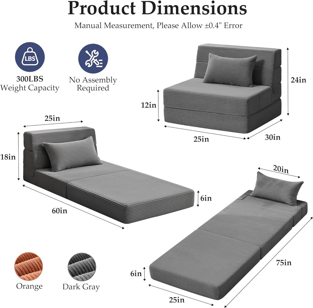 Youzi Folding Sofa Bed Convertible Sleeper Chair with Pillow, 4-in-1 Foldable Mattress Futon Couch Bed to Lounge Chair for Living Room, Bedroom, Dorm & Guest, Washable Cover, Dark Gray, Single