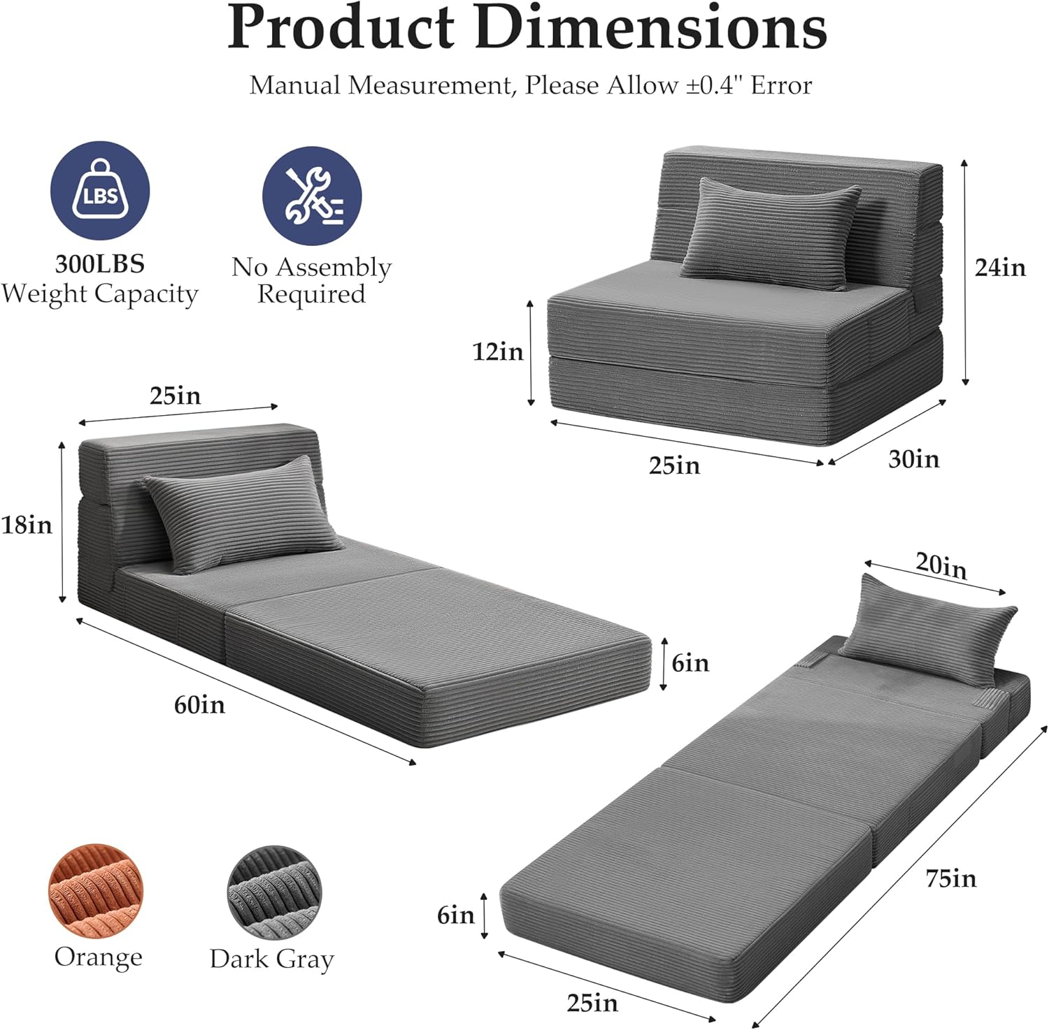 Youzi Folding Sofa Bed Convertible Sleeper Chair with Pillow, 4-in-1 Foldable Mattress Futon Couch Bed to Lounge Chair for Living Room, Bedroom, Dorm & Guest, Washable Cover, Dark Gray, Single