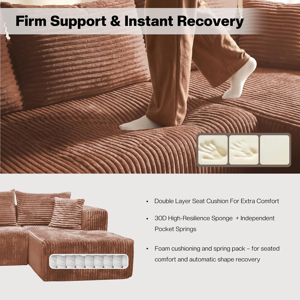 130'' U Shaped Boneless Couches, Corduroy Modular Sectional Sofa Brown