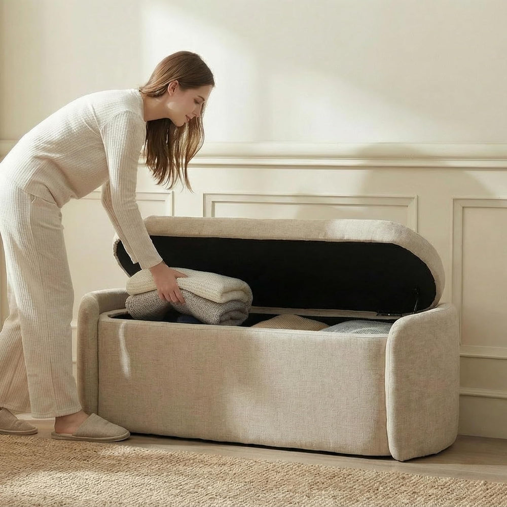 VKNOW Storage Bench, Upholstered Storage Ottoman Bench with Hinge, Khaki | Ot...