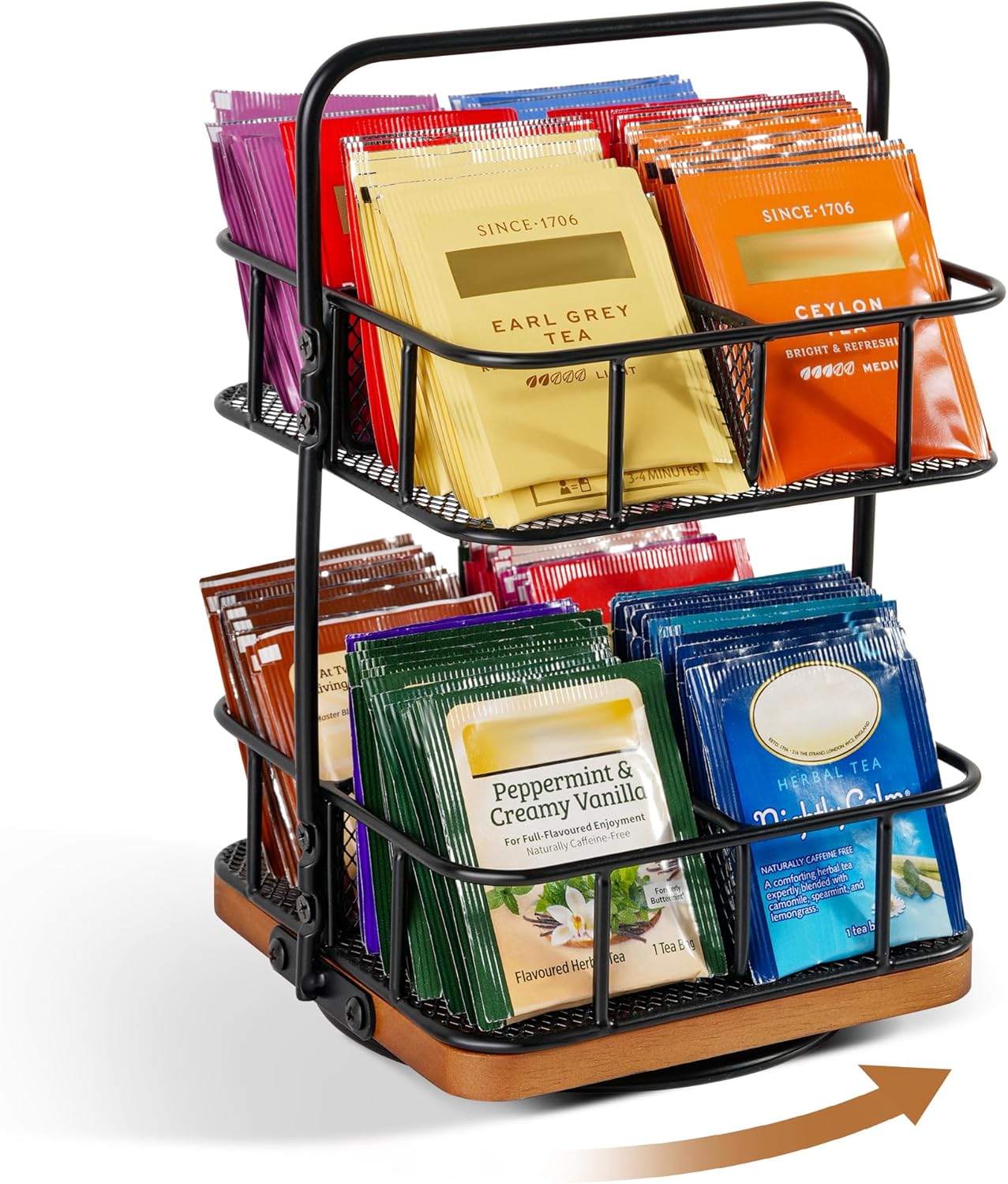 Rotation 2 Tier Tea Bag Organizer, Iron Art Tea Organizers, Acacia Wood Stand Teabag Holder with Handle Easy to Move and 8 Basket Tea Caddy for Tea Bags Organizer for Pantry, Kitchen, Gift Giving
