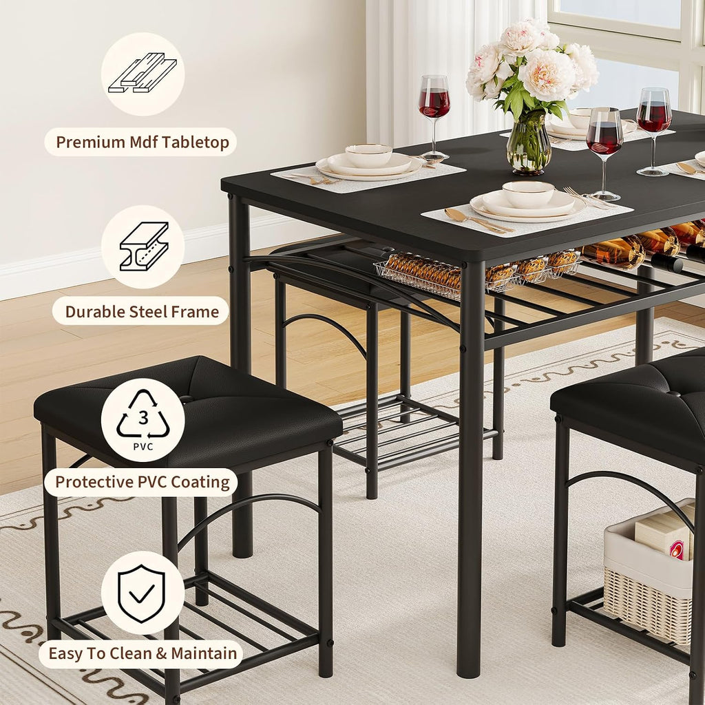 4-Piece Dining Table Set for 4, Industrial Table with Bench & Stools | 4-Piece Dining Table Set for 4, Industrial Table with Bench & Stools