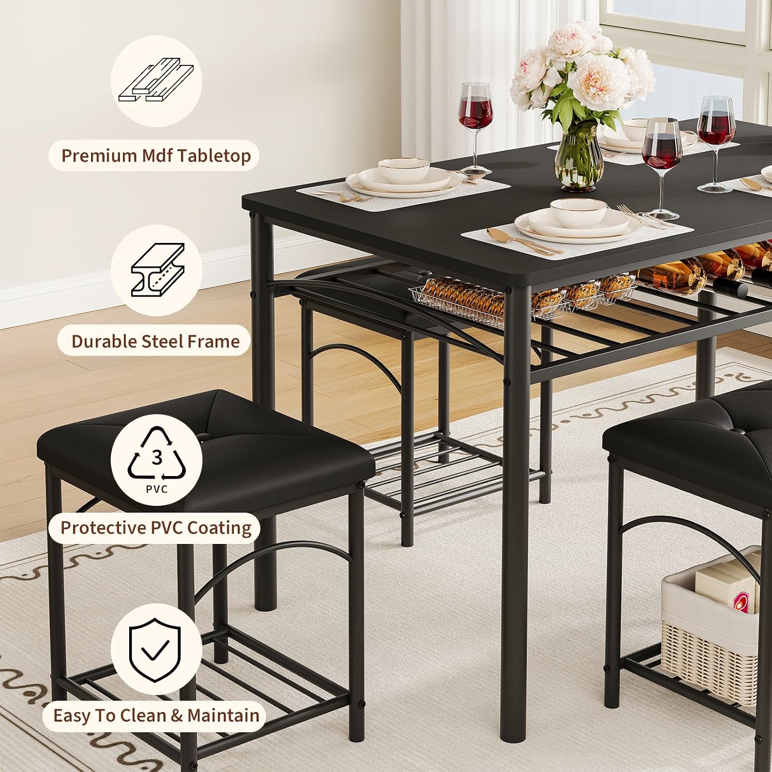 4-Piece Dining Table Set for 4, Industrial Table with Bench & Stools | 4-Piece Dining Table Set for 4, Industrial Table with Bench & Stools