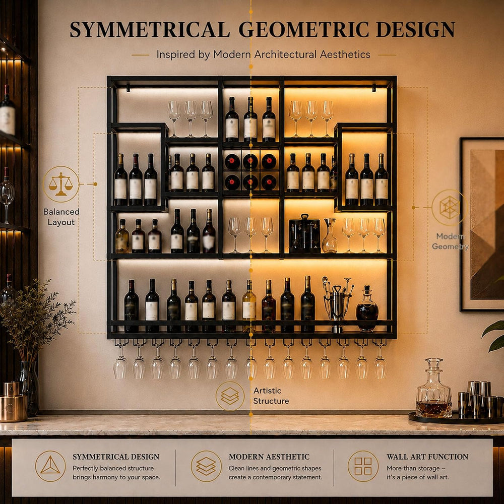 71in LED Wall Mounted Wine Rack with Stemware Holder and Wood Shelves | Combi...