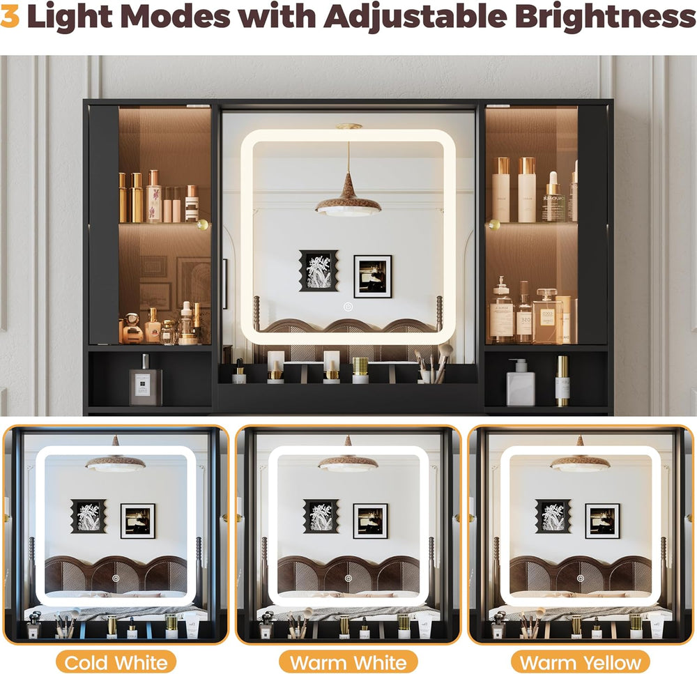 BORNOON Vanity Desk with Mirror and Lights, Makeup Vanity with 7 Drawers, 2 G...