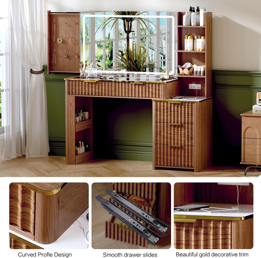 51" Vanity Desk with Power Outlet, Makeup Vanity with Mirror and Lights,...