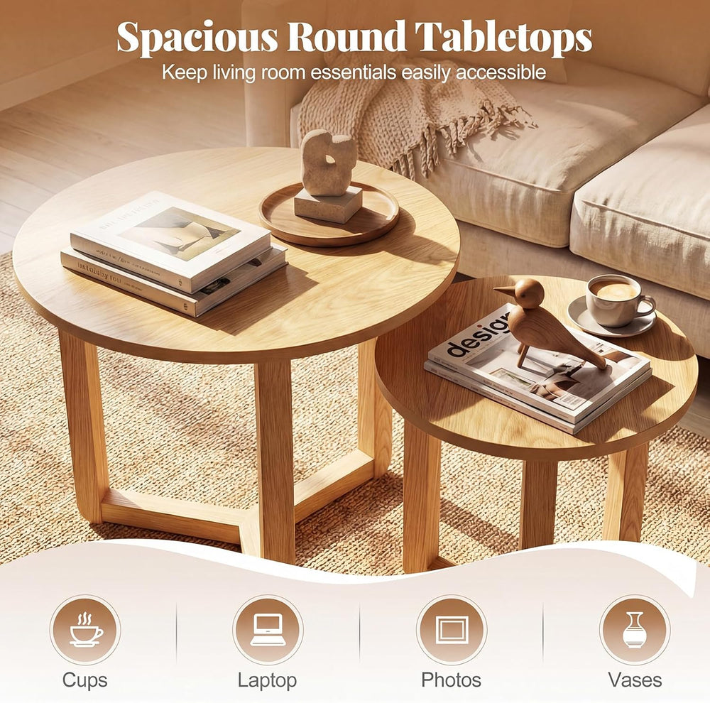 Giantex Round Nesting Coffee Table Set of 2, Wood Nesting End Tables with Thi...