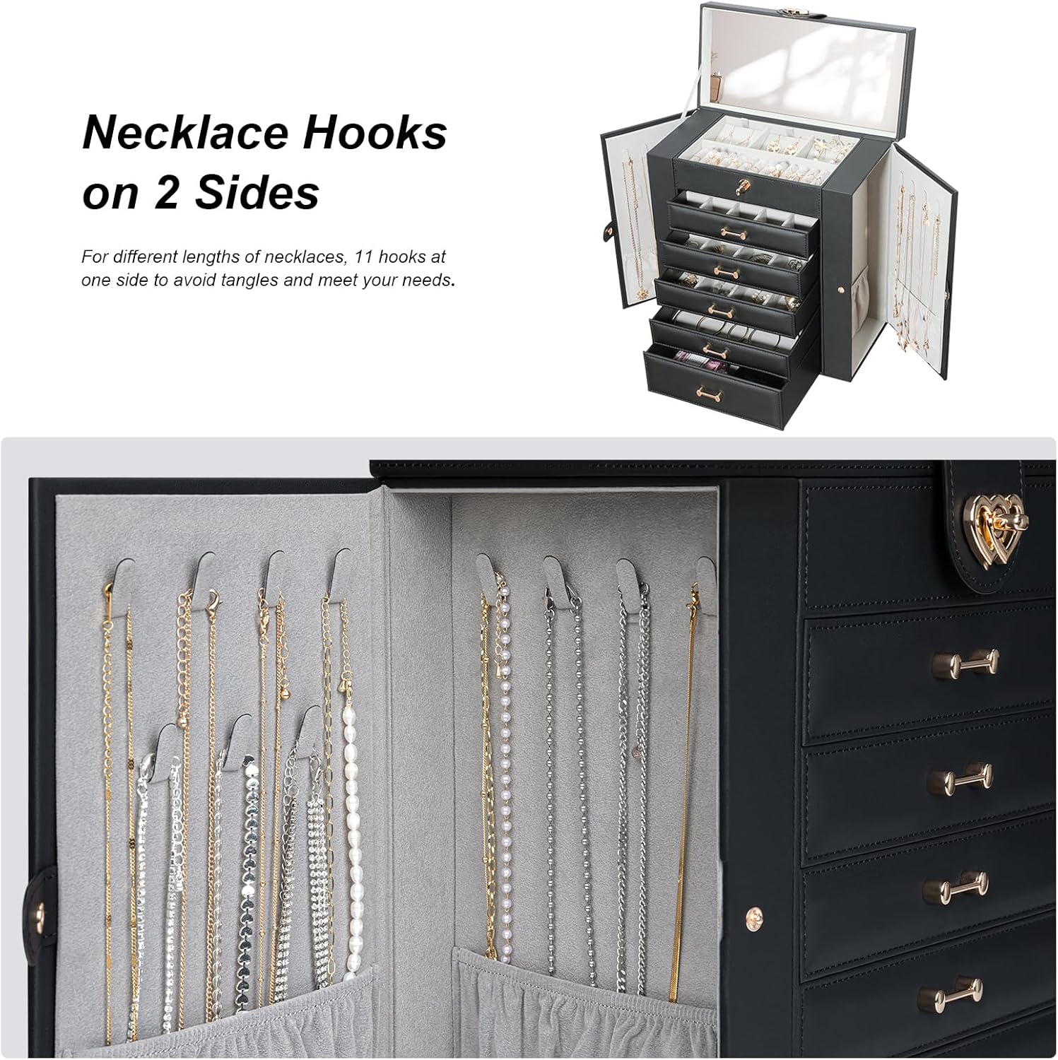 Large Jewelry Organizers and Storage, Large Jewelry Box for Women Large Jewelry Organizer, Women Jewelry Box with Mirror, Best Women Gift, Black