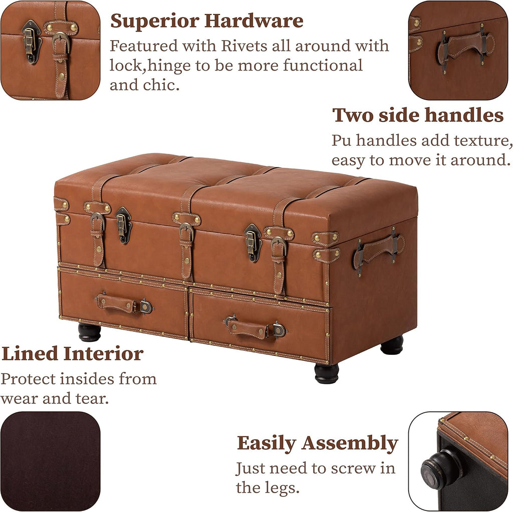 Vintage Treasure Chest Bench with Latch Closure and Buckle Trunk , Farmhouse Faux Leather Storage Ottoman Bench for Living Room, Entryway, Bedroom, Sponge Padded Orange