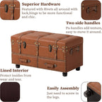 Vintage Treasure Chest Bench with Latch Closure and Buckle Trunk , Farmhouse Faux Leather Storage Ottoman Bench for Living Room, Entryway, Bedroom, Sponge Padded Orange