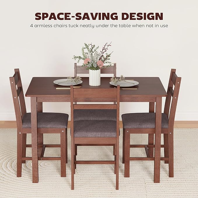 HOMCOM 5-Piece Solid Wood Dining Table Set for 4, Farmhouse Kitchen Table with Upholstered Chairs for Small Space, Dining Room, Breakfast Nook, Light Brown and Brown