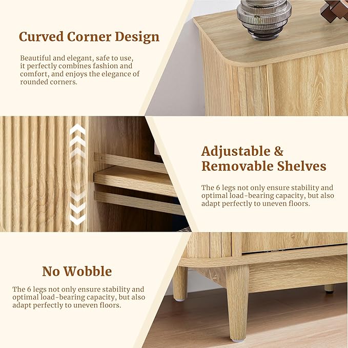 Turtle&Myrtle Mid Century Modern TV Stand 60”, Wood TV Console with Storage for TVs Up to 70 inches, Fluted Sliding Doors, Entertainment Center Media Cabinet for Living Room & Bedroom (Natural Oak)