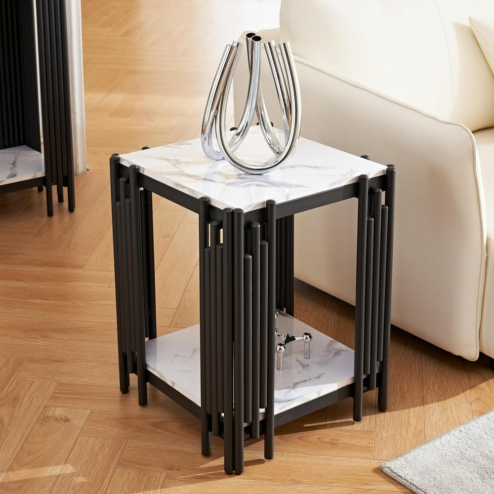 Marble Coffee Table Set of 3, Elegant White Faux Marble Coffee Table End Tabl...